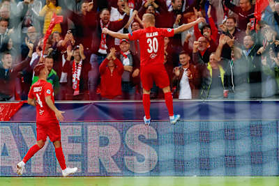 Erling Haaland celebrates scoring for Red Bull Salzburg.