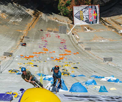 Cedar Wright and Magnus Midtbø climbing at Red Bull Dual Ascent in Verzasca, Switzerland on October 28, 2022.