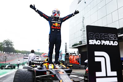 Max Verstappen celebrates in parc ferme during the F1 Grand Prix of Brazil at Autodromo Jose Carlos Pace on November 3, 2024 in São Paulo, Brazil