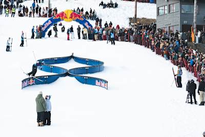 Hunter Henderson on the Tjäder Twist at Red Bull Unrailistc Best Trick in Åre, Sweden on April 25, 2024.