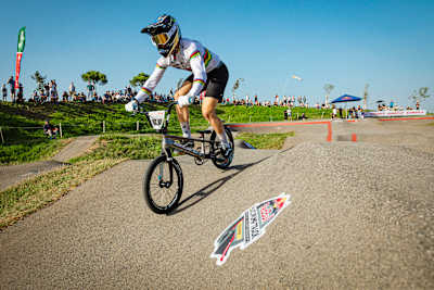 Eddy Clerte performs during the Red Bull UCI Pump Track World Championship Qualifier in Lisbon, Portugal on October 08, 2022