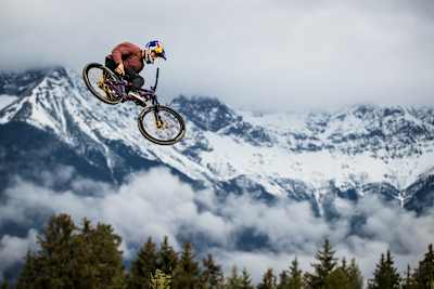 Dawid Godziek performing at the slopestyle contest during Crankworx World Tour in Innsbruck, Austria on September 30, 2020.