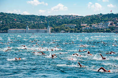 Participants take on the Bosphorus Cross-Continental Swim.