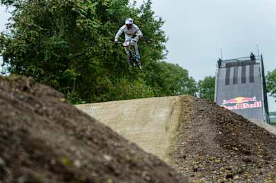 BMX athlete Twan van Gendt as seen riding during training at his BMX Race facility in Ammerzoden, the Netherlands, on October 20, 2020.
