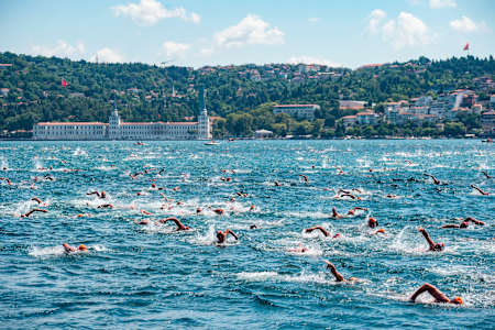 Participants take on the Bosphorus Cross-Continental Swim.