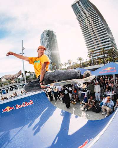 Spanish skateboarder Danny León performs an aerial at Red Bull Plus One in Port Olimpic, Barcelona. 