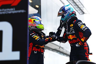 Max Verstappen and Sergio Pérez of Oracle Red Bull Racing at the Miami Grand Prix on May 7, 2023.