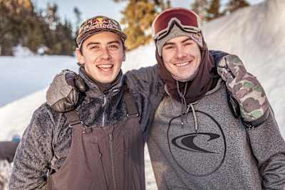 Mark McMorris and Seb Toutant pose for a picture at Red Bull Uncorked.