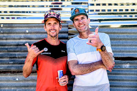 Ryan Sandes and Ryno Griesel pose for a portrait after finishing the circumnavigation on foot of Lesotho on April 27, 2022.  