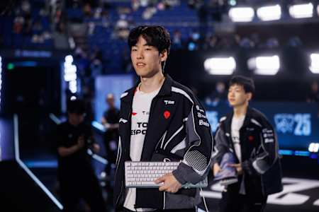 Hang of Top Esports walks onstage at League of Legends Worlds 2025 Semifinal Stage on November 02, 2025 in Shanghai, China.