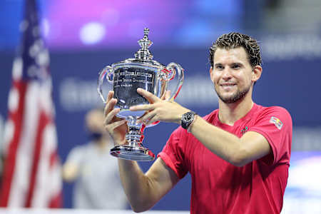Dominic Thiem holds up the trophy at the US Open.