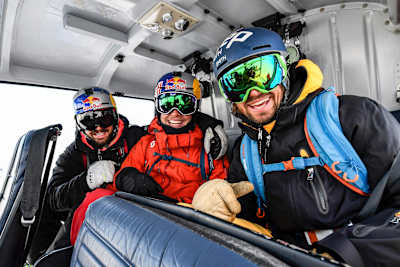 Bene Mayr, Fabian Lentsch and Sven Kueenle enjoying heli-skiing in Alaska.