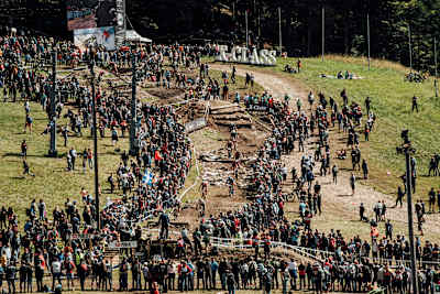 Action from the 2018 UCI XCO World Cup in La Bresse in France captured from a high vantage point.