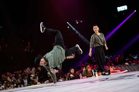 Dancers Hiro and Miyu compete at the Juste Debout contest in Paris, France in 2017.