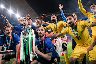The Italian team celebrate their victory in the UEFA Euro 2020 Championship Final between Italy and England at Wembley Stadium on July 11, 2021 in London, England.