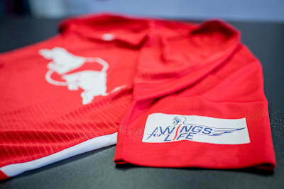 Detail shot of the RB Leipzig DFB cup jersey containing a special Wings for Life badge as seen during the pre-match press conference at RB Leipzig on February 2, 2021.
