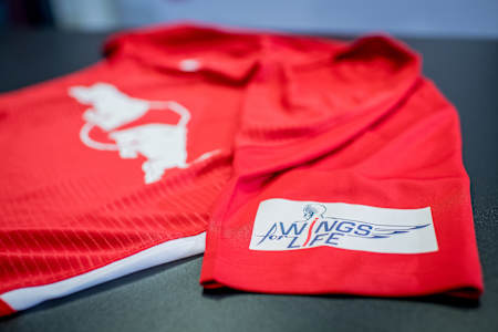 Detail shot of the RB Leipzig DFB cup jersey containing a special Wings for Life badge as seen during the pre-match press conference at RB Leipzig on February 2, 2021.