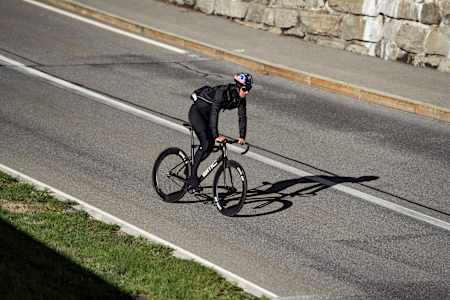 Patrick Seabase descends on his fixed gear bike on his unBRAKEable challenge.