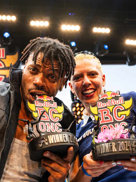 In 2024, B-Boy Kley and B-Girl Maia joyfully celebrate their Red Bull BC One Cypher wins in Sao Paulo, Brazil