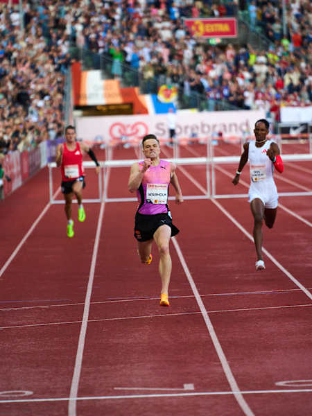 Karsten Warholm wins the 300 meter hurdle race at Diamond League in Oslo, Norway and sets a new world record. 