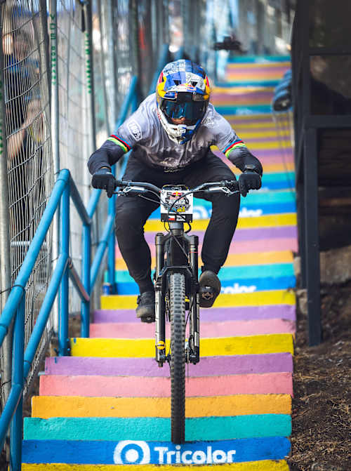 In Valparaíso, Chile, 2025, Tomas Slavik showcases his skills descending the iconic steps during the Red Bull Valparaíso Cerro Abajo event.