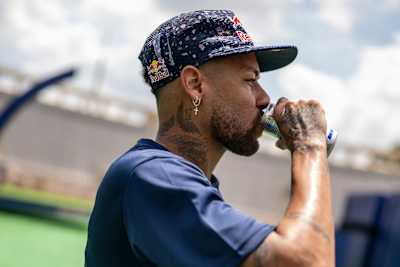 Neymar drinks a can of Red Bull during the Ultimate Soccer Challenge in São Paulo, Brazil in February 2026