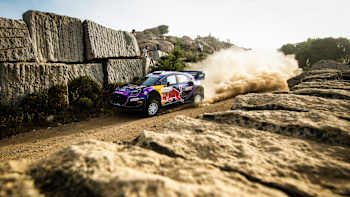 Adrien Fourmaux and Alexandre Coria of team M-SPORT FORD WORLD RALLY TEAM are seen performing during the World Rally Championship Italy in Alghero, Italy, on June 4. 