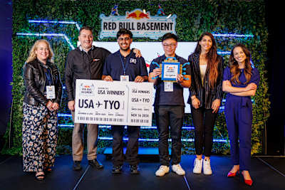 Argus founders Arjun Oberoi and Daniel Kim with the judges after winning the Red Bull Basement National Final