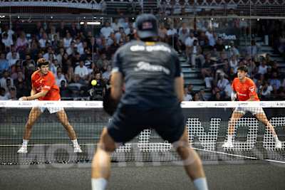  Arturo Coello and Agustin Tapia in action during the 2026 London Premier Padel P1 final match at the Olympia in August 2026. 