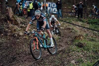 Mathieu Van der Poel races at the Albstadt round of the UCI XCO MTB World Cup in May 2021.