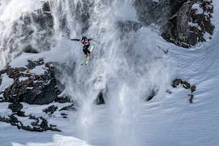Kistofer Turdell launching a cliff on the Freeride World Tour