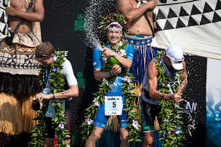 David McNamee, Patrick Lange and Lionel Sanders on the podium at the IRONMAN World Championship in Kailua-Kona, Hawaii, United States on October 14, 2017.