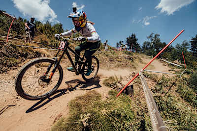 Rachel Atherton performs at UCI DH World Cup in Vallnord, Andorra on July 6th, 2019.