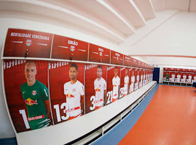 The Red Bull Bragantino dressing room, with player photos on their doors plus their chosen 'power words'/