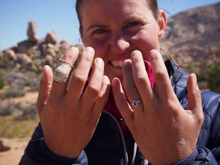 Rebecca Coles shows off her engagement ring at Joshua Tree National Park