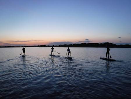 A group of people enjoying a SUP lesson in Norfolk, UK
