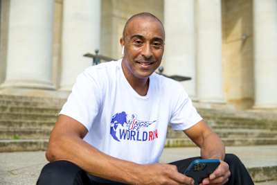 Colin Jackson poses for a portrait for Wings for Life World Run 2021 in Cambridge, United Kingdom on March 22, 2021. 