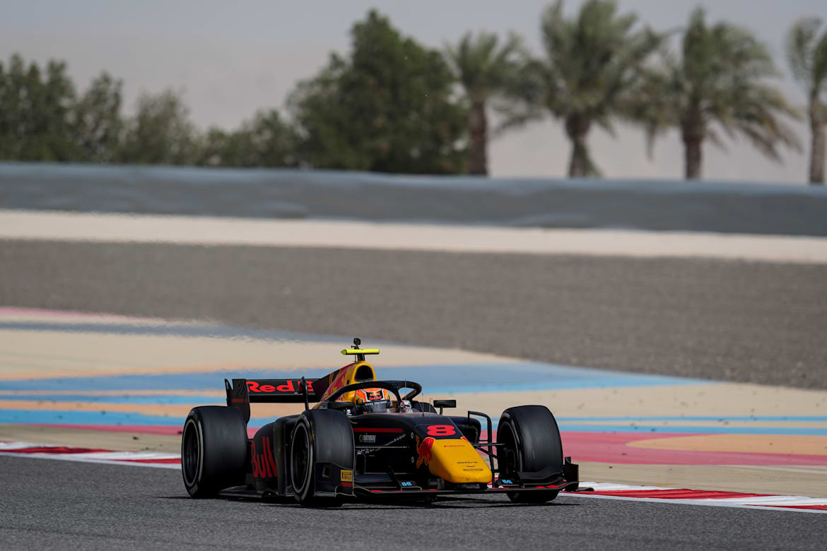 Jehan Daruvala drives around the bahrain International Circuit for F2 testing.