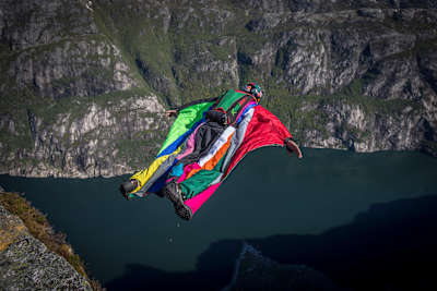 A custom-made wingsuit in crayon colours.