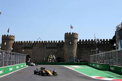 Jolyon Palmer drives for Renault at the 2017 Azerbaijan F1 Grand Prix.