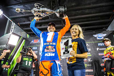 Ryan Dungey celebrates after winning the 2017 AMA Supercross Championship at the Sam Boyd Stadium in Las Vegas, Nevada.