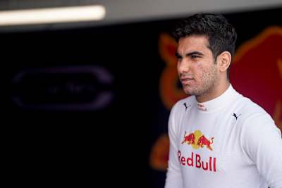 Jehan Daruvala poses for a photo at F2 testing at the Bahrain International Circuit.