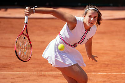 Emma Navarro in action against Leylah Annie Fernandez during the Girls' Singles Final match at the 2019 French Open Tennis Tournament at Roland Garros on June 8, 2019 in Paris, France.