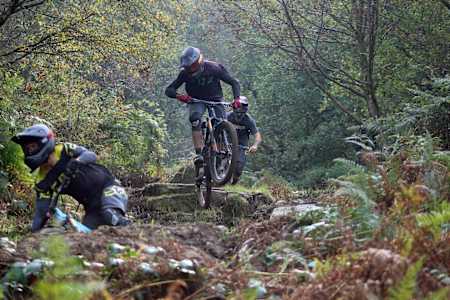 MTB riders navigate the Root Manoeuvres trail at BikePark Wales.