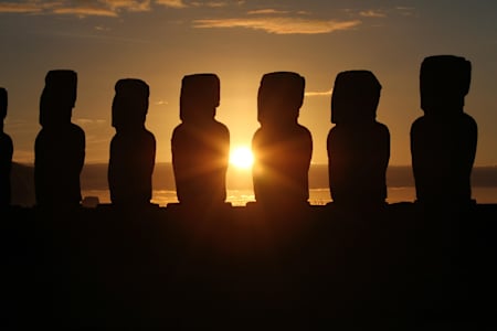 The stone Moai statues on Easter Island at sunset.