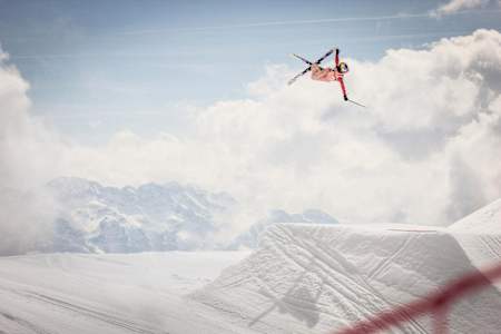 Freeskier Kelly Sildaru takes some air during filming of Faction Ski's film The Collective.