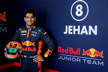 Jehan Daruvala poses for a photo amid F2 testing at the Bahrain International Circuit.