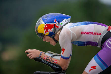 Lucy Charles-Barclay on her triathlon bike during a race.