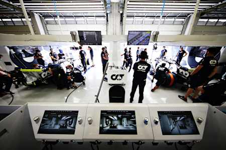 A view of the Scuderia AlphaTauri garage during practice for the F1 Grand Prix of Styria at the Red Bull Ring on July 10, 2020 in Spielberg, Austria.