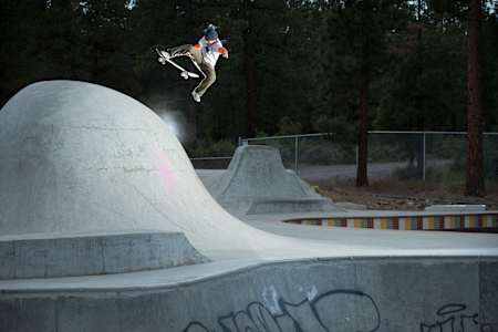 CJ Collins does a no comply at the skatepark in Sisters, Oregon, USA on 10 June, 2018. 